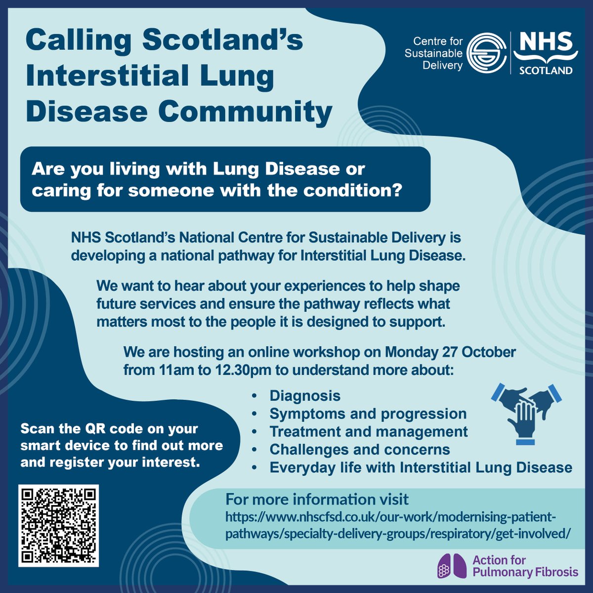 NHS_Lothian's tweet image. Are you living with Interstitial Lung Disease or caring for someone who is?
Join the national online workshop on 27 Oct, 11am-12.30pm, to share your experience and help shape care across NHS Scotland.
Register: nhscfsd.co.uk/our-work/moder…
#CfSD #ILD #NHSScotland