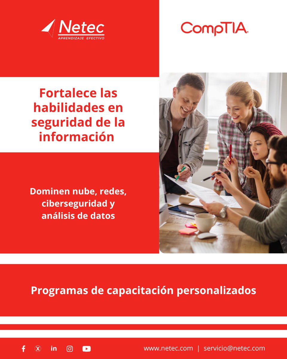 netec's tweet image. 💻 Capacita a tu equipo con #CompTIA y fortalece sus habilidades en seguridad de la información TI.
🔗 Regístrate ➡️ hubs.la/Q03Pg1S_0
💡Con Netec reciban programas personalizados, y herramientas prácticas para aplicar lo aprendido en escenarios reales.
#NetecConecta