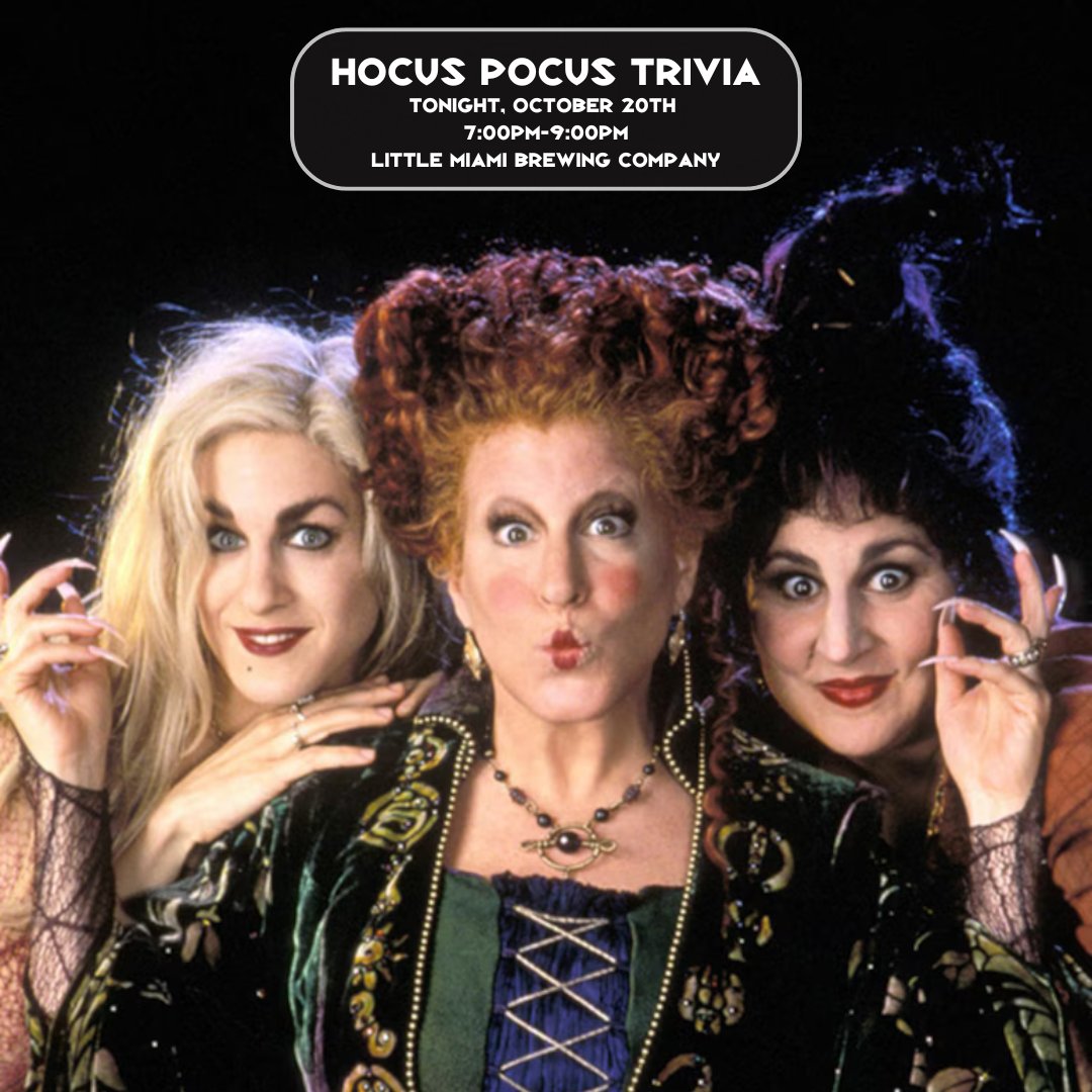 “Come little children, I’ll take thee away
Into a land of enchantment 
Come little children, the time’s come to play..."
Hocus Pocus Trivia at LMBC 🕯️🧙‍♀️

Get ready for a night of a bunch of Hocus Pocus — dust off your broomsticks, grab your sisters, and let's see who knows the