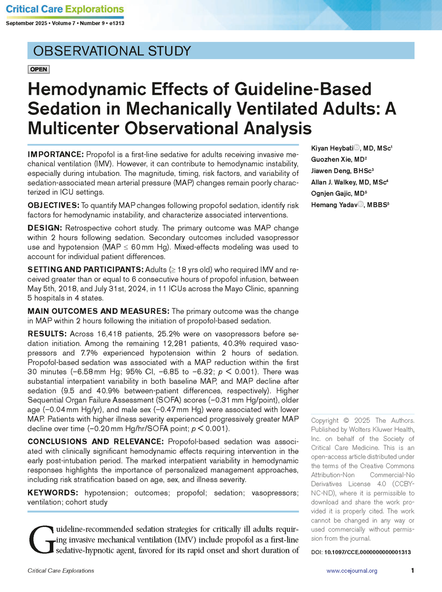 🔍 Propofol sedation is associated with clinically significant hemodynamic changes in patients receiving invasive mechanical ventilation, especially those with higher illness severity.

✅ Read the #openaccess research in CCE: ow.ly/F4bC50XbN1O

#SCCM #CritCareExplore <a href="/SCCM/">SCCM</a>