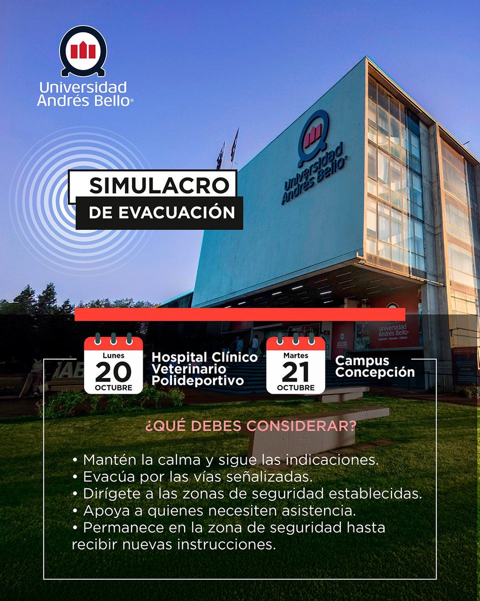 📢 Atención comunidad universitaria Sede Concepción📢

Este lunes 20 de octubre (Polideportivo y Hospital Clínico Veterinario Sede Concepción) y martes 21 de octubre (Campus Concepción) se realizarán los simulacros de emergencia para reforzar nuestra preparación y respuesta ante