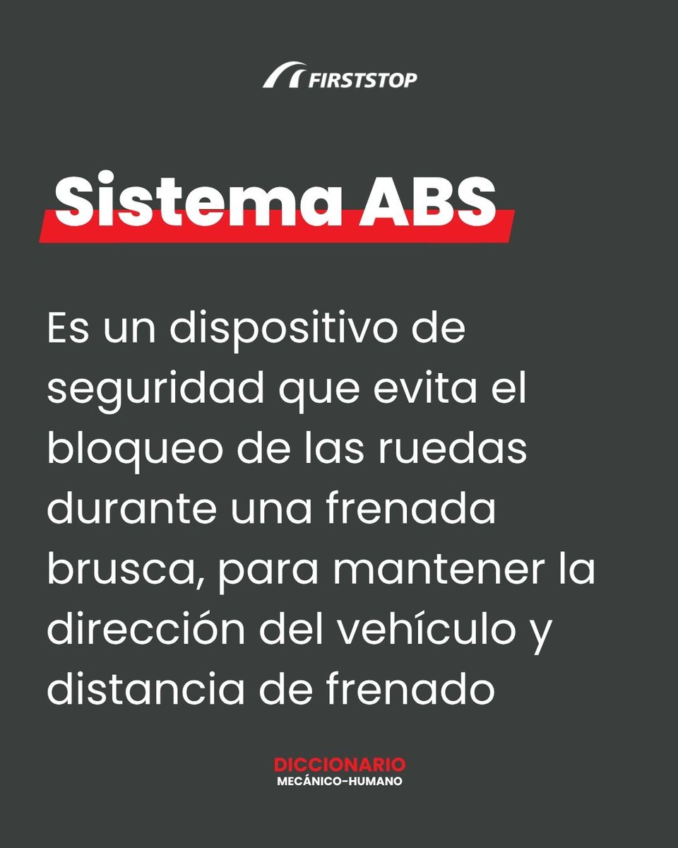 📖 Diccionario mecánico-humano: Sistema Antibloqueo de Freno (ABS)
👉🏻 Evita el bloqueo de ruedas, manteniendo el control y reduciendo el riesgo de accidente.
⚠️Si falla: pierdes estabilidad, aumenta la distancia de frenado y hay menos maniobrabilidad.

En #FirstStop lo revisamos