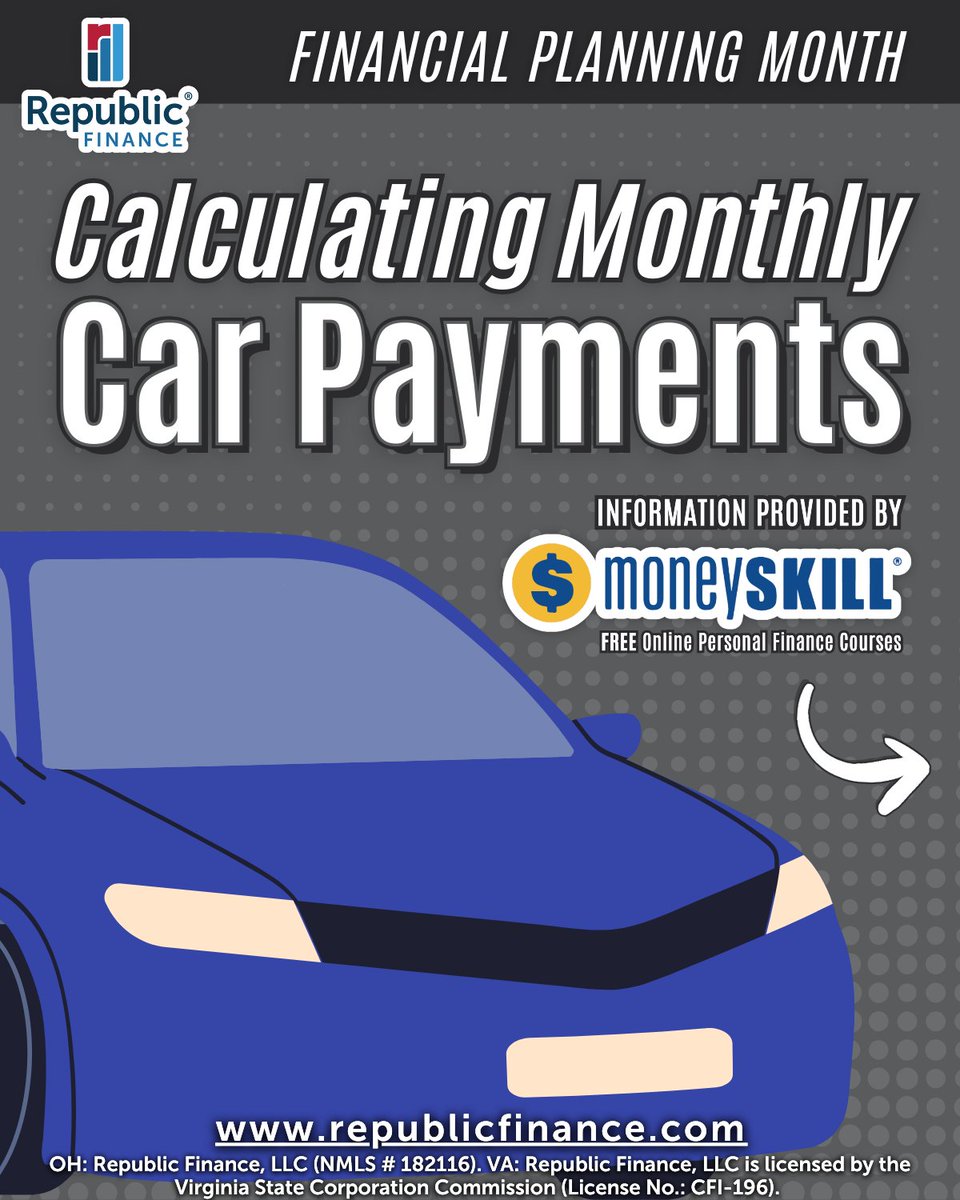 RepFinance's tweet image. Financial Planning Month continues with a real-life skill!💡

This week’s topic from our FREE MoneySKILL® courses: Calculating Monthly Car Payments.

Learn more with FREE MoneySKILL® courses on our website!