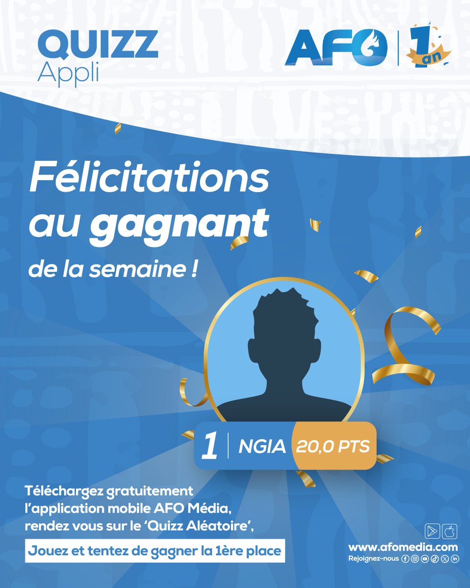alainfoka2005's tweet image. Félicitations au gagnant de la semaine !

Chaque semaine, le Quizz Aléatoire sur l’appli AFO Média récompense le meilleur score avec des cadeaux high-tech 🤩

Téléchargez l’appli. Jouez. Gagnez !

Cliquez ici : afomedia.com/download

#AfoMedia #Quizz #ApplicationMobile