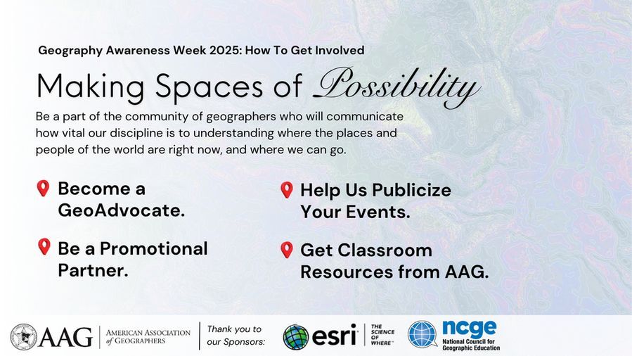 theAAG's tweet photo. #GeoWeek2025 is just under a month away! You can join AAG and other worldwide from November 13-17 and celebrate “Making Spaces of Possibility.” From hosting events to sharing information about the discipline, there are so many ways to get involved: https://t.co/8uwLOX1rn2 https://t.co/DfRWVazHYZ