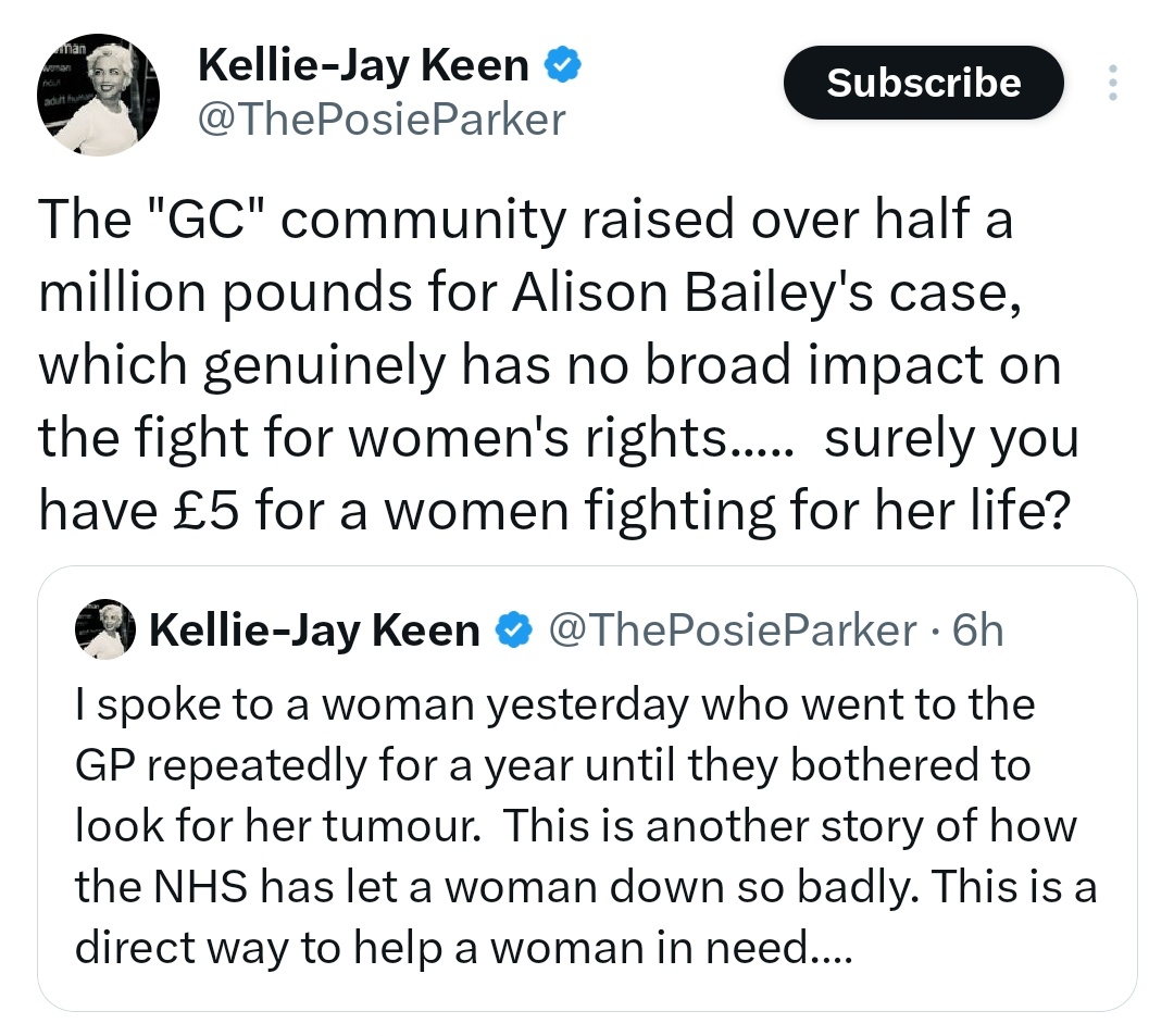 I hope everyone thinking it's jolly fun to point at left-wing women for purity spirals will take Posie to task for her fundraising purity snark, which forces her to have a go at other GC women for not donating to the correct causes? 🤨

And, yannow, that missing £12k + would be -