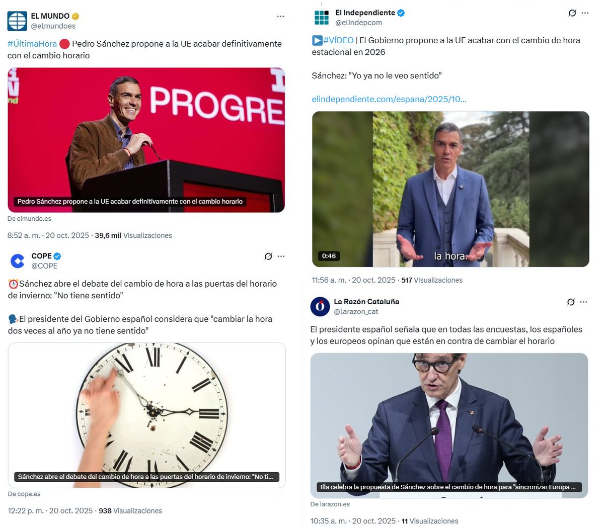 Los 606 asesores de Sánchez hoy se han ganado el sueldo.

La prensa que lee la derecha pero no es de derecha publica sobre la abolición del cambio de hora, en vez de informar del dinero de la prostitución de los Gómez, la caja B del PSOE, el pago en efectivo en los Ministerios...