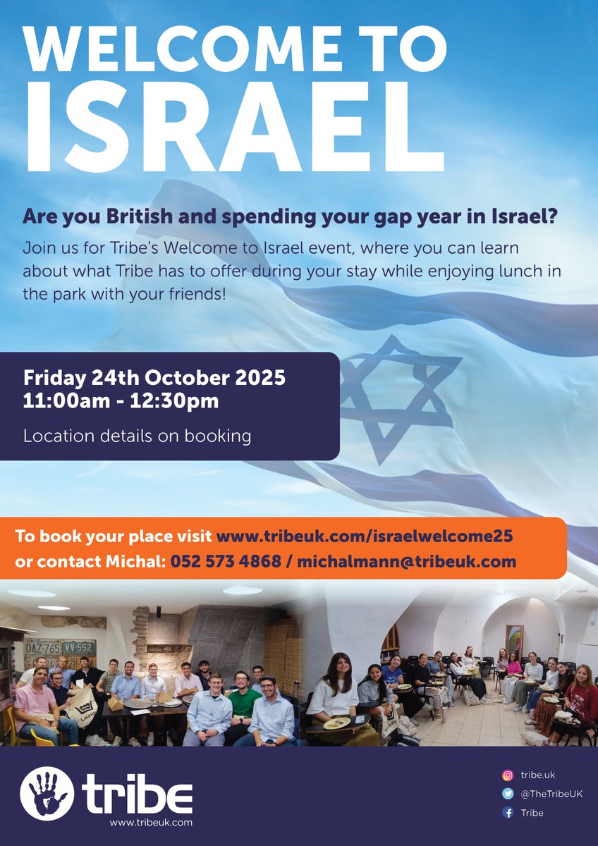 TheTribeUK's tweet photo. 📣Calling all gap year students in Israel

Join us this Friday for the Tribe Israel Welcoming Event.
Meet new friends, enjoy lunch, and kick off an amazing year.

📅Friday 24 October  11:00 to 12:30
🔗 Sign up by tonight: https://t.co/Zzr6G6khg9 https://t.co/H6XLy7UTe7