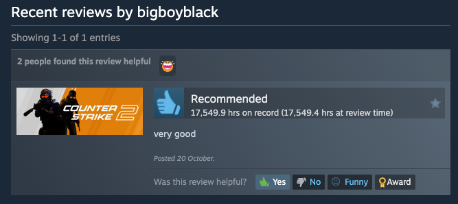 cs2_coco's tweet image. Today @FaZe_rainCS left a review on Counter-Strike:
"very good"
It only took him 17,550 hours to get to this decision