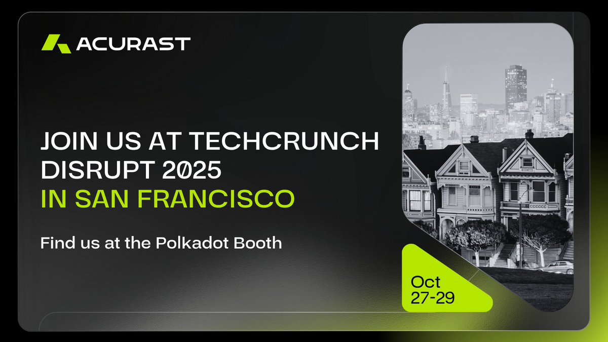 Acurast (@acurast) on Twitter photo Meet Acurast in San Francisco!
Acurast is joining the <a href="/Polkadot/">Polkadot</a> booth at TechCrunch Disrupt 2025.
Come say hi to our Head of Research <a href="/killercsecurity/">Christian Killer</a> and learn more about how Acurast is reshaping decentralized compute.
🗓️ Oct 27–29, 2025
📍San Francisco, USA Meet Acurast in San Francisco!
Acurast is joining the <a href="/Polkadot/">Polkadot</a> booth at TechCrunch Disrupt 2025.
Come say hi to our Head of Research <a href="/killercsecurity/">Christian Killer</a> and learn more about how Acurast is reshaping decentralized compute.
🗓️ Oct 27–29, 2025
📍San Francisco, USA
