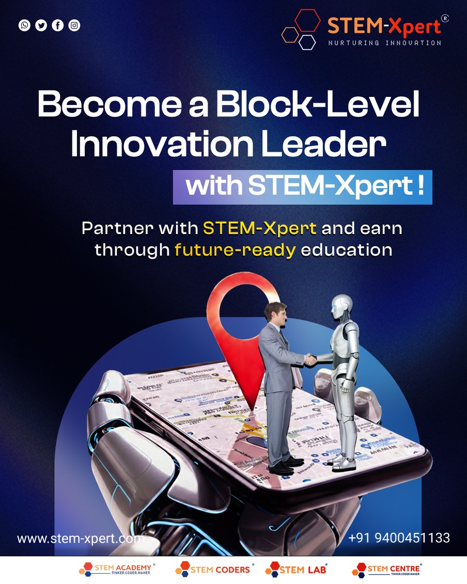 🤝 Become a Block-Level Innovation Leader with STEM-Xpert!
  Partner with us to bring Robotics, Artificial Intelligence &amp; STEM Labs to schools. 🌱
  #STEMXpert #STEMEducation #InnovationLeadership
  🌐 stem-xpert.com | 📞 +91 9400451133