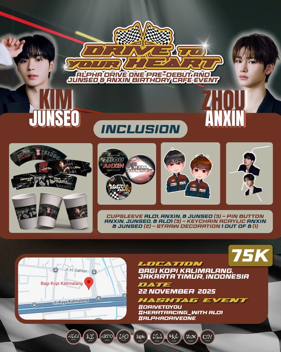 ALD1_INA's tweet image. 🏎 [DRIVE TO YOUR HEART] 💨  

Alpha Drive One Pre-Debut &amp;amp; Junseo–Anxin Birthday Café Event is coming to Jakarta!  

Let’s celebrate their special day together while enjoying your favorite drinks. ☕️  

📍 Bagi Kopi Kalimalang, Jakarta Timur
 📅 22 November 2025 
Sesi 1:…