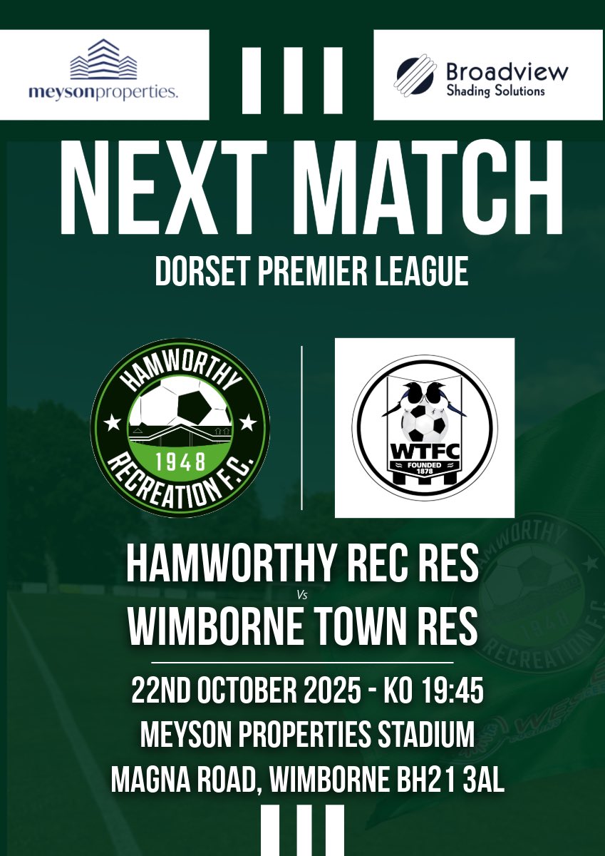 Ham_RecFCRes's tweet image. Next Up 📆

Another quick turn around (weather permitting) as we welcome @WimborneTownFC Res to the Meyson Properties Stadium in the @DPL_official 

@swsportsnews @nonleaguesouths @NonLeagueFix @NonLeagueHQ1 @NonLeagueCrowd @UltiFootNet @MatchDayFeverr