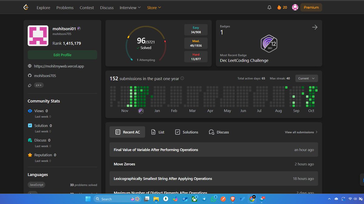 mohitparmarsoni's tweet image. Very close to solve 100 Problem will do it today on the occassion of diwali 🧨🥳