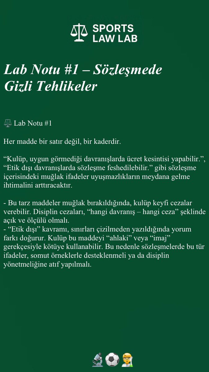 SportsLawLab's tweet photo. Sözleşmede “etik dışı davranış” ifadesi yer alıyorsa, o etik kimin etiği?

“Kulüp uygun görmedi” maddesi varsa, uygunluk kimin takdiri?

Sözleşmelerde dikkat edilmesi gereken gizli tehlikeler!

👇 

#SportsLawLab #SporHukuku https://t.co/8MsXtfq6Da