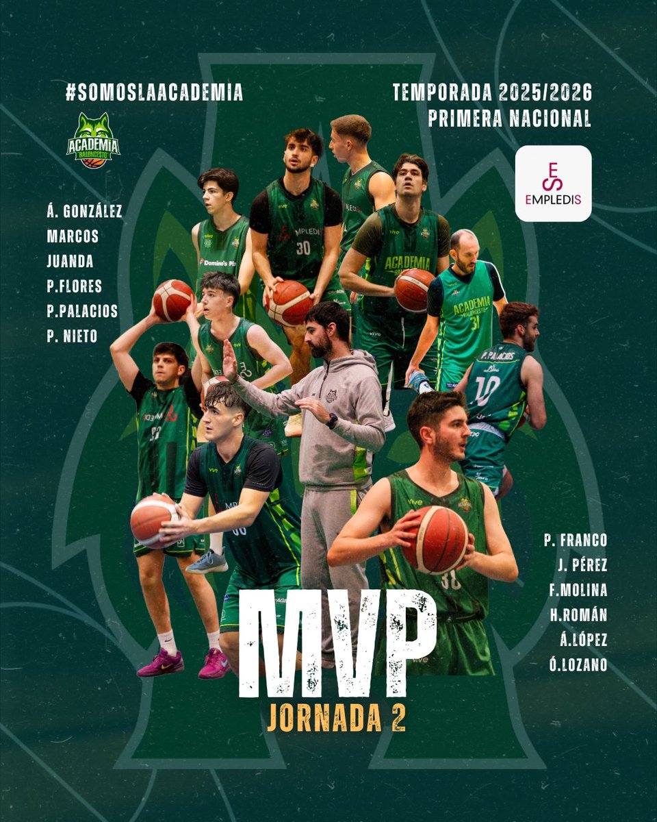 El MVP de la jornada 2 también es colectivo.

Por la entrega, el esfuerzo y valor con el que pusieron contra las cuerdas a uno de los favoritos de la categoría🫡

Un equipo humilde y con talento joven de Albacete.

¡Gracias cuerpo técnico y jugadores! 💚

#SomosLaAcademia