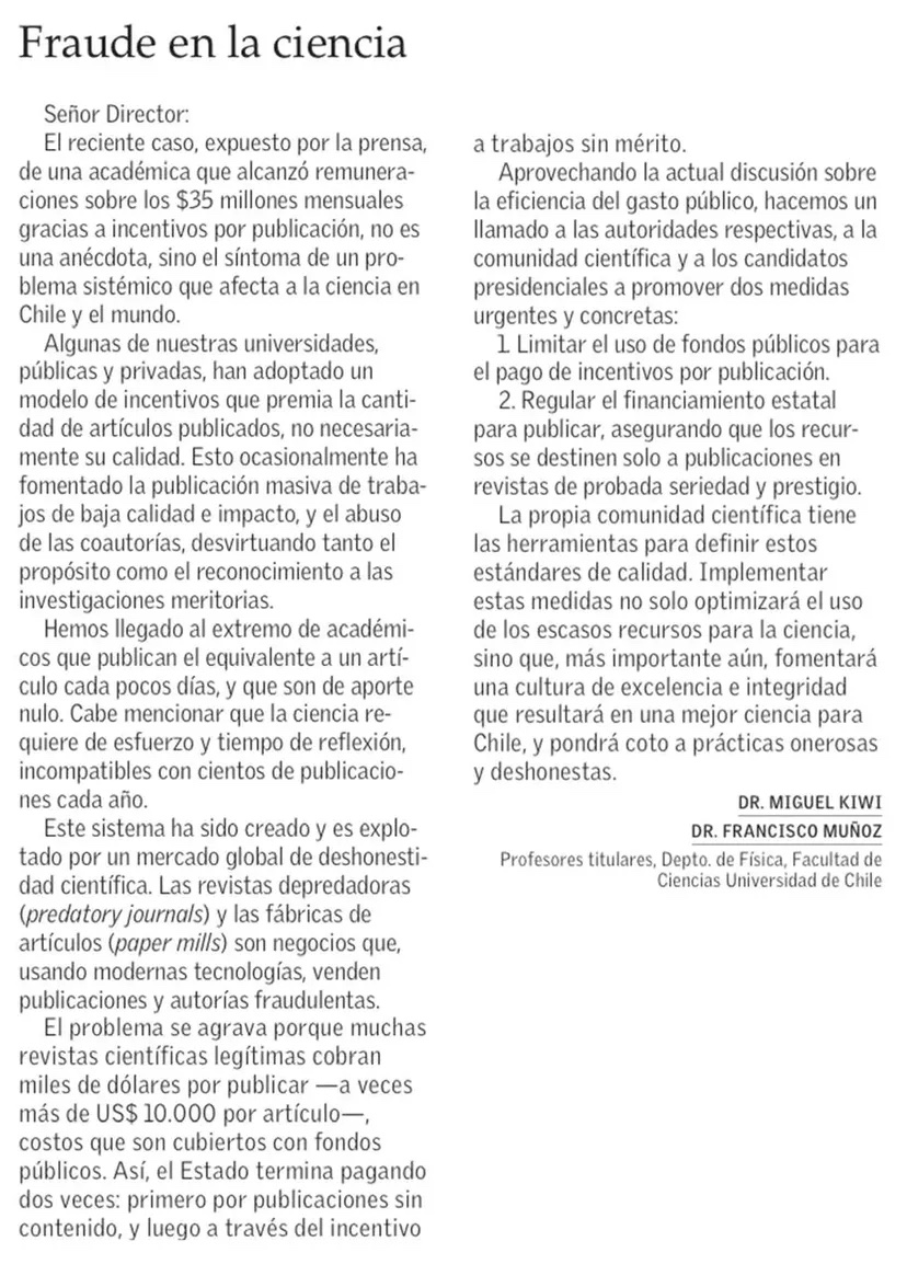 _quantistico's tweet image. Me adhiero completamente a la propuesta de Don Miguel y Francisco, Profesores Titulares de la U. De Chile. La Ciencia requiere reflexión y muchas veces trabajo de largo aliento, el pago de incentivos por cantidad desvirtúa el objetivo central del quehacer científico.