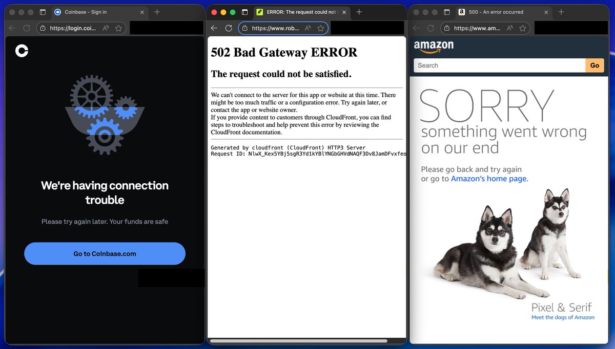DerrickShieldsX's tweet image. Too many dependencies → Coinbase and Robinhood are down because an AWS region is down. 

Thank goodness these websites are just for games and memes, and not dealing people's actual money or anything. 

It's going on hour now... 100% unacceptable  @CoinbaseSupport @RobinhoodApp