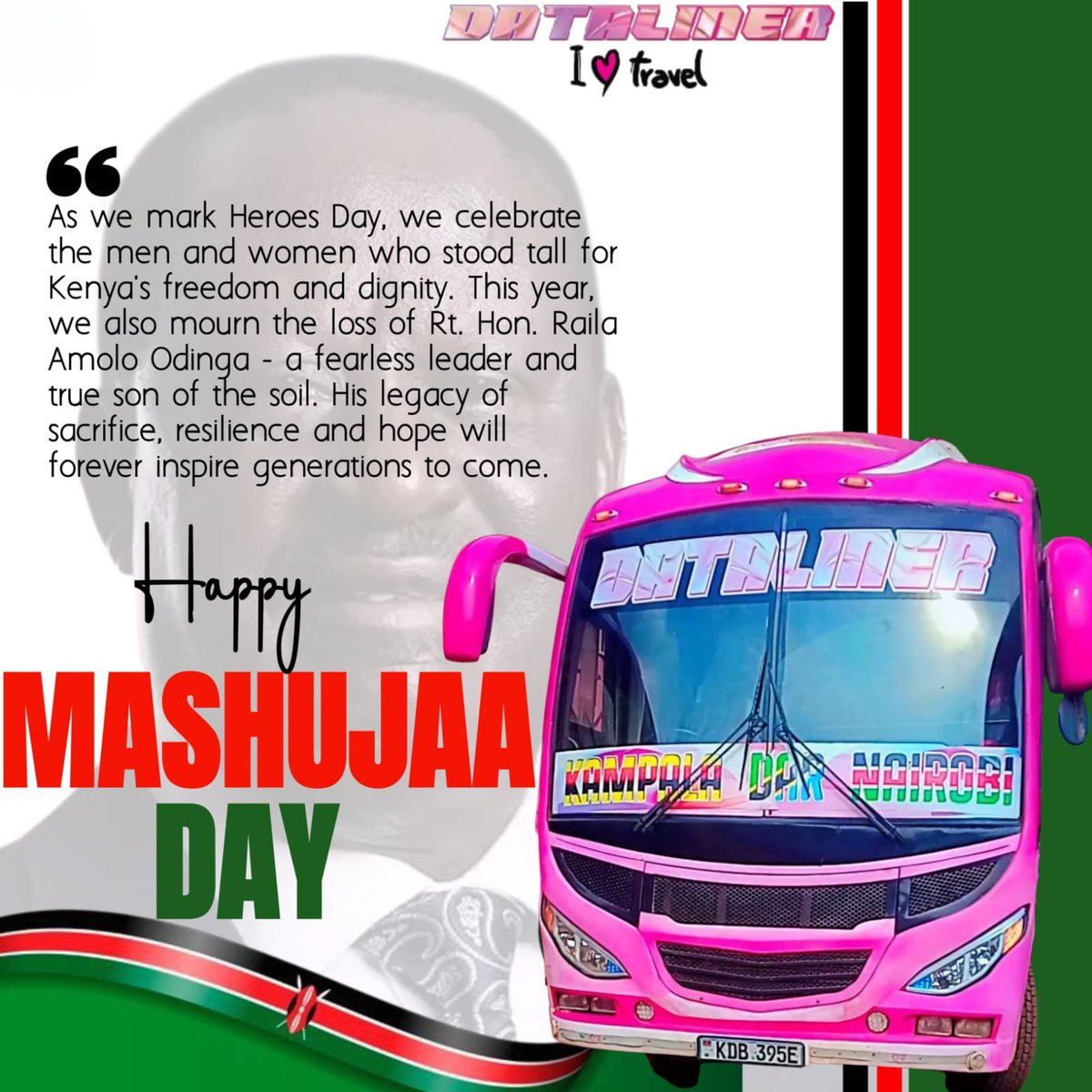 As we mark Mashujaa Day, we celebrate the men and women who stood tall for Kenya's freedom and dignity. 

This year we also mourn the loss of Rt. Hon. Raila Amolo Odinga - a fearless leader and true son of the soil.

#HappyMashujaaDay