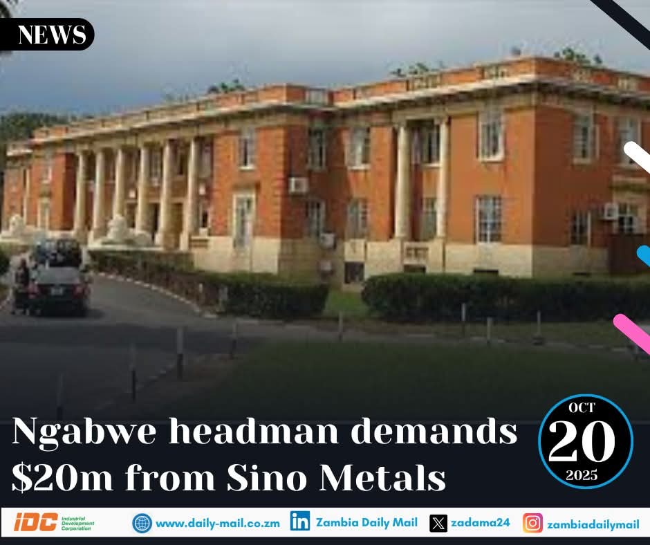 A SENIOR headman of Ngabwe village, Central Province, has sued Sino Metals Leach Zambia Limited demanding US$20 million as damages for water and land pollution in the chiefdom. 

The plaintiff, Yundayunda Fulama Cholwe, and his subjects further demand payment of general damages