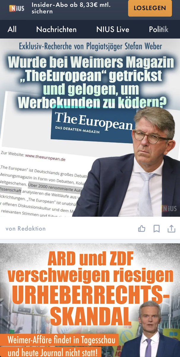 Diese beiden aktuellen Schlagzeilen von ⁦<a href="/niusde_/">NIUS</a>⁩ zusammen gelesen sagen alles über den Zustand von Deutschlands Politik und Medien.
#Weimer #ÖRR