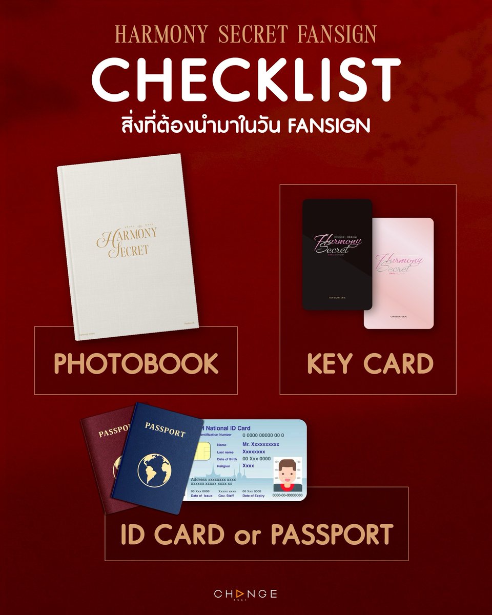 hometown_TH's tweet photo. ✅ Harmony Secret FANSIGN CHECKLIST! 🔐✨

MUST BRING ITEM :
▪️ Photobook
▪️ ID Card / Passport
▪️ KEY CARD

📣 อย่าลืมลงทะเบียนยืนยันสิทธิ์ร่วมงาน FANSIGN ที่ https://t.co/ebJMNOhZTa
✍🏻 วันนี้ - 20 ต.ค. 68 เท่านั้น

หากท่านใดไม่ได้ลงทะเบียนก่อนเข้าร่วมงาน จะถือว่าสละสิทธิ์ทันที
*ไม่สามารถ Walk-in หน้างานได้*

🗝️ Harmony Secret FANSIGN
🗓️ 26 October 2025
📍 GMM Studio @ GMM Grammy Place

#HarmonySecret
#HarmonySecretดีลลับฉบับเล่นเล่ห์
#CHANGE2561ORIGINAL
#CHANGE2561