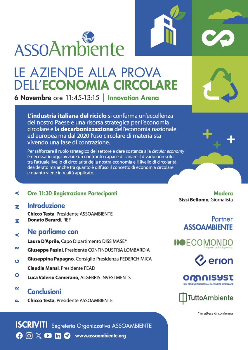 #Ecomondo2025
🔹 Le aziende alla prova dell’economia circolare
📅 Giovedì 6 novembre, ore 11.45-13.15 | Innovation Arena
A cura di Assoambiente
L’industria del riciclo italiana è una risorsa strategica per la transizione, ma l’uso circolare di materia è in calo. Per invertire la