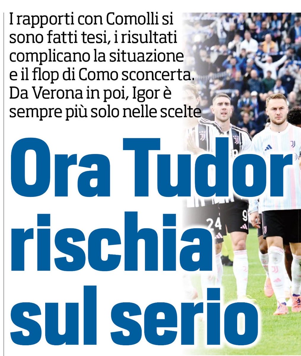 🔴 Gazzetta/Tuttosport : Igor #Tudor en danger après la défaite de la Juve à Côme, les matchs face au Réal Madrid et surtout la Lazio seront décisifs pour son avenir. Le rapport s’est sérieusement tendu avec Damien Comolli 🗞️