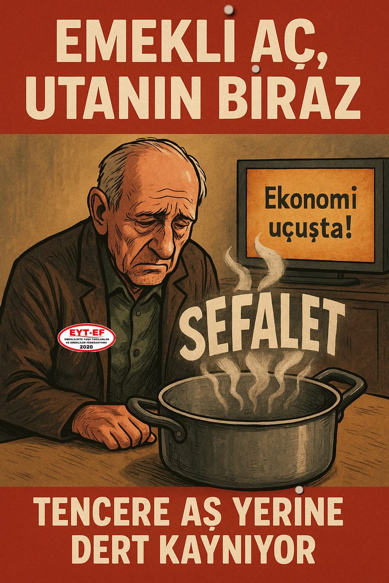 EMEKLİ
👇
#EmekliAçUtanınBiraz

Bir ülkenin itibarı,
Vatandaşının refah seviyesiyle ölçülür.

Bugün #Emekli nin sofrasında refah ve huzur yerine, açlık ve yoksulluk oturmakta;

İktidar ise bu utanç tablosunu sadece izlemektedir.

#5000KısmiZordaçözünArtık
<a href="/RTErdogan/">Recep Tayyip Erdoğan</a>
<a href="/isikhanvedat/">Prof. Dr. Vedat Işıkhan</a>