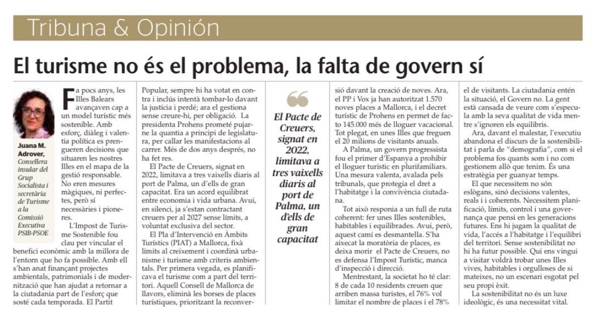 El Pacte de Creuers, signat l’any 2022, limitava a 3 vaixells diaris al port de Palma, un d'ells de gran capacitat

Avui, en silenci, ja s’estan contractant creuers per al 2027 sense límits

El turisme no és el problema, la falta de govern sí

✍️ <a href="/jmadrover/">Juana Maria Adrover</a> a <a href="/UHmallorca/">Ultima Hora Mallorca</a>