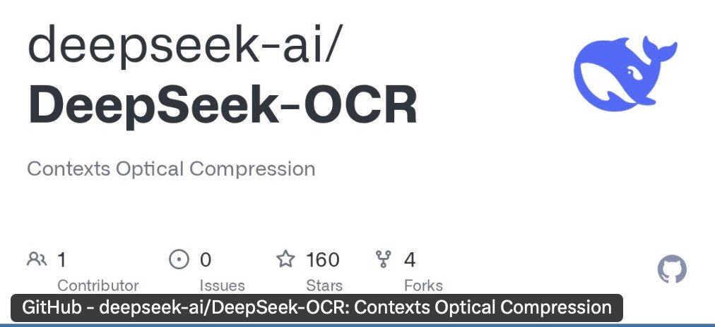 A screenshot of a GitHub repository page titled 'DeepSeek-OCR' under the organization 'deepseek-ai', featuring a blue dolphin logo, repository description 'Contexts Optical Compression', and stats showing 1 contributor, 0 issues, 160 stars, and 4 forks.