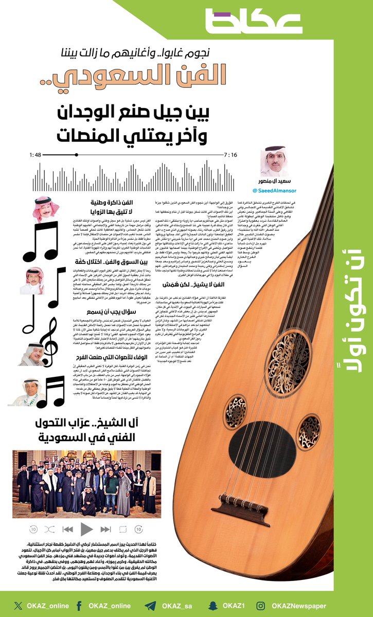سعيد آل منصور يكتب <a href="/SaeedAlmansor/">سعيد آل منصور _عكاظ</a> :
نجوم غابوا .. وأغانيهم ما زالت بيننا..
الفن السعودي.. بين جيل صنع الوجدان وآخر يعتلي المنصات

للاطلاع على التفاصيل:👇👇
okaz.com.sa/culture/na/221…