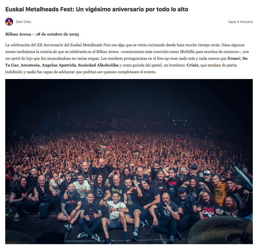 HontzaP's tweet image. La crónica de un cumpleaños feliz. #EuskalMetalHeads Fest en @Metalcry  
(metalcry.com/euskal-metalhe…)
#SoziedadAlkoholika #sa #confrontacion #confrontaciontour #erasomusika #Eraso #azkentaupadaktour #bilbo #euskalmetalheadsfest #bilbaoarena #bilbao