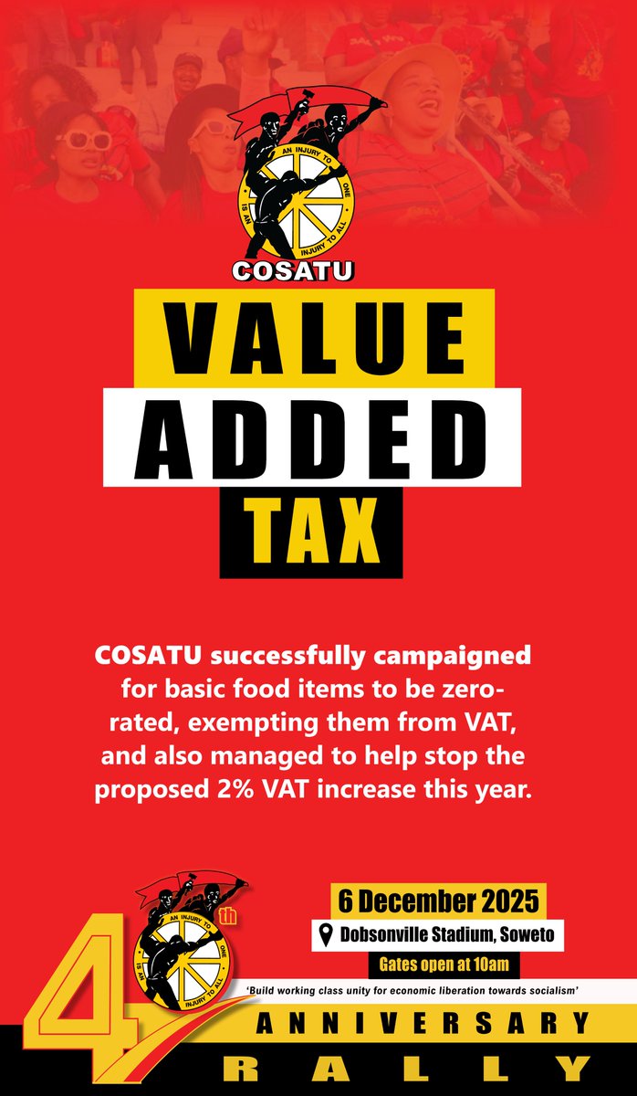 Dear comrades, do you want to be part of #Cosatu’s historic 40th anniversary celebrations?    
Kindly join #Cosatu40thAnniversary activities at Dobsonville Stadium, Soweto on December 6 and recap on the history of class struggle in South Africa
<a href="/SACP1921/">SACP</a>
<a href="/GPSACP/">SACP Gauteng</a>
<a href="/MYANC/">ANC - African National Congress</a>
<a href="/SABCNews/">SABC News</a>