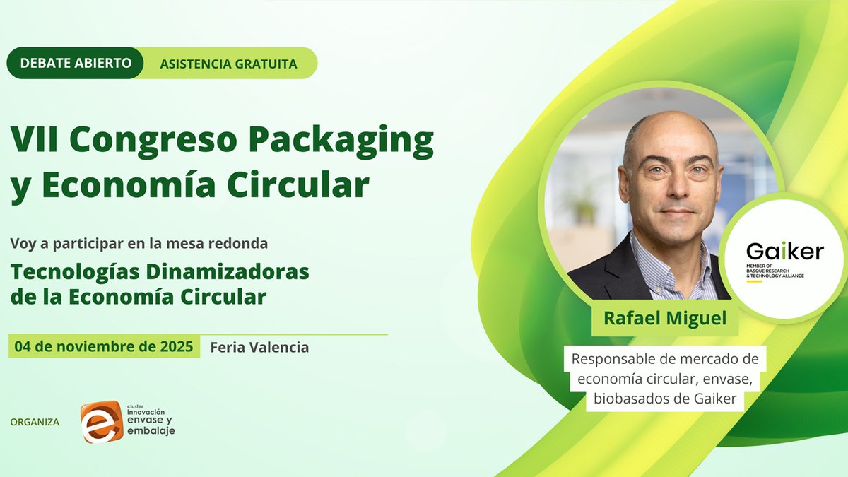 GAIKER Centro Tecnológico (@gaiker_brta) on Twitter photo El próximo 4 de noviembre participaremos en la séptima edición del Congreso de Packaging y Economía Circular organizado por <a href="/ClusterEnvase/">Cluster de Envase</a>
📍Feria Valencia
cutt.ly/Mr8y0gqx El próximo 4 de noviembre participaremos en la séptima edición del Congreso de Packaging y Economía Circular organizado por <a href="/ClusterEnvase/">Cluster de Envase</a>
📍Feria Valencia
cutt.ly/Mr8y0gqx