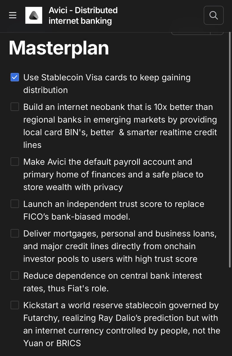 supercontraa's tweet photo. $10 for $Avici if it ticks all boxes here
Also love how they articulated worst and best case
Worst case → a self custodial neobank with a Visa spend card generating solid interchange revenue
Best case → a DAO that helped reduce fiat’s role. https://t.co/COa6tP2xmi