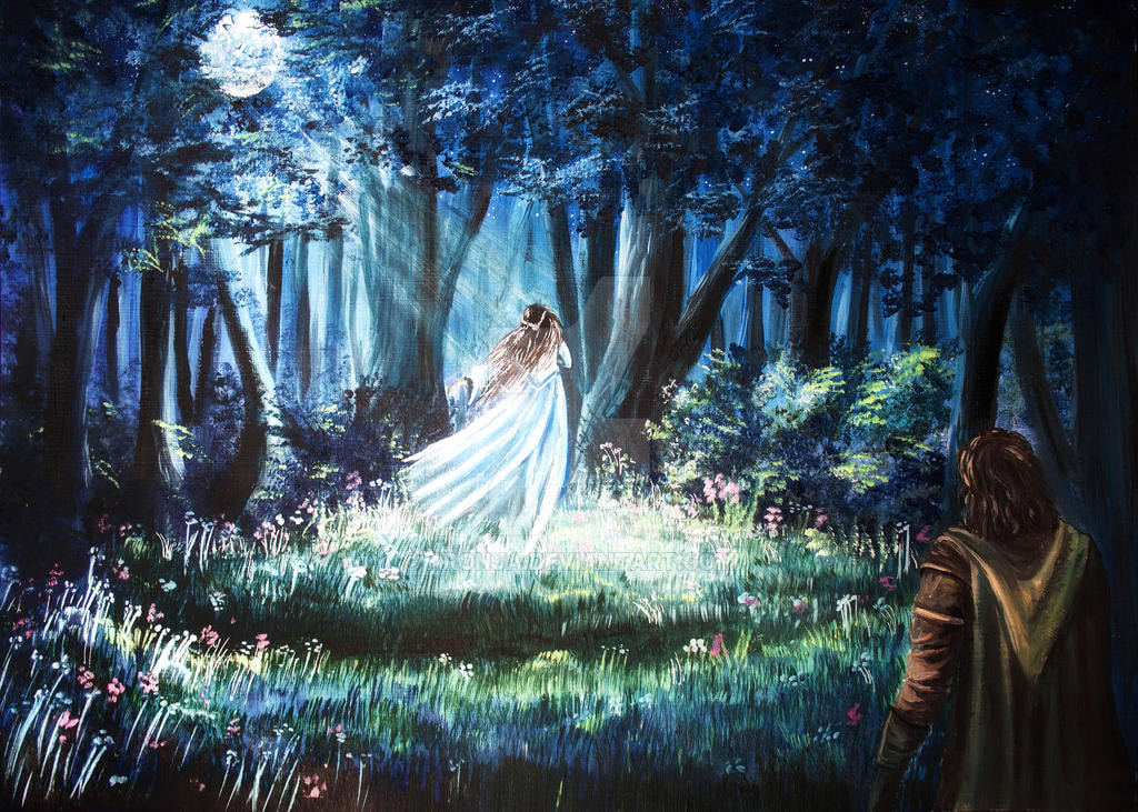 Beren viendo a Lúthien bailando en el bosque. 

Por Aronja en Deviantart.