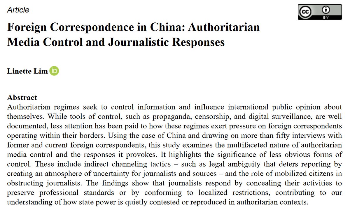 My first solo-authored publication is out in The International Journal of Press/Politics! 

Based on 50+ interviews with foreign correspondents in China, it explores how authoritarian media control operates and the responses it provokes (1/3) 

journals.sagepub.com/doi/10.1177/19…