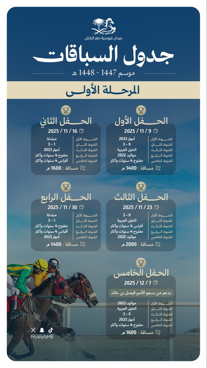 إعــلان |📢

تعلن إدارة ميدان الفروسية بمحافظة حفر الباطن عن برنامج السباقات لموسم 1447 - 1448 
( المرحلة الأولى )

تابعونا لمزيد من التفاصيل 🐎… 

#ميدان_فروسية_حفرالباطن