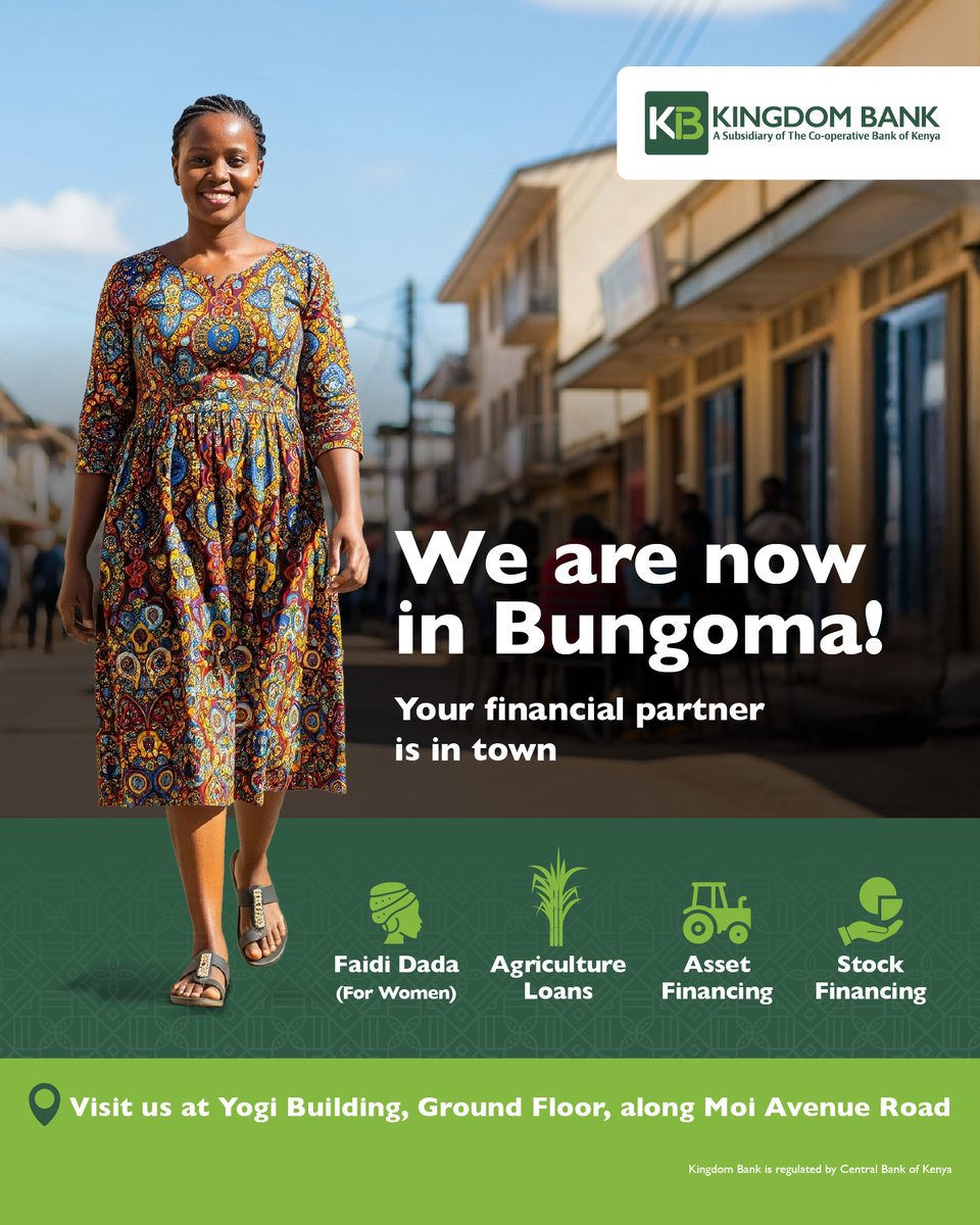 Karibuni Bungoma Branch! ​
Kingdom Bank is your partner for progress supporting you in business, farming and personal growth. Visit us at Yogi Building, Ground Floor, Moi Avenue Road.​
#TwendeTukisongaNaKingdomBank