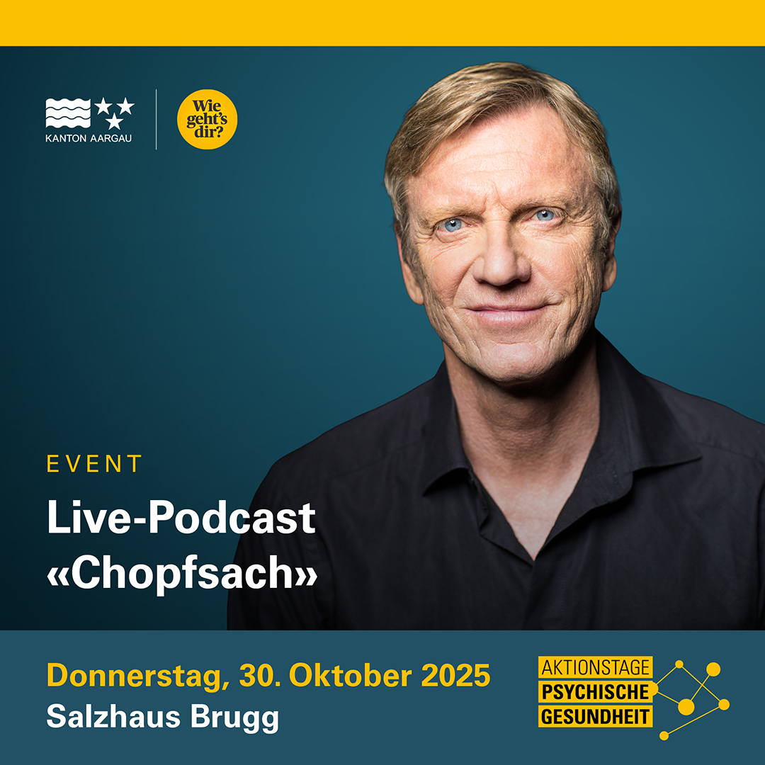 Besuchen Sie die letzten drei Veranstaltungen der Aktionstage Psychische Gesundheit:
👉"gsund&amp;freiwillig" – Warum Freiwilligenarbeit auch mir selbst guttut
👉 Endometriose und psychische Gesundheit
👉 Live-Podcast "Chopfsach"
ag.ch/aktionstage