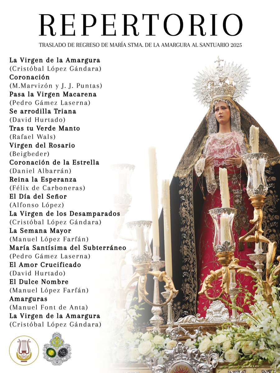 Hdad. Muchachos de Consolación (@hdadmuchachos) on Twitter photo 𝐑𝐄𝐏𝐄𝐑𝐓𝐎𝐑𝐈𝐎 | Este es el repertorio de marchas que nuestra querida <a href="/BandadeCoria/">BM Coria del Río</a> ha interpretado el pasado domingo durante el traslado de regreso de María Santísima de la Amargura al Santuario.
#MuchachosdeConsolación 𝐑𝐄𝐏𝐄𝐑𝐓𝐎𝐑𝐈𝐎 | Este es el repertorio de marchas que nuestra querida <a href="/BandadeCoria/">BM Coria del Río</a> ha interpretado el pasado domingo durante el traslado de regreso de María Santísima de la Amargura al Santuario.
#MuchachosdeConsolación