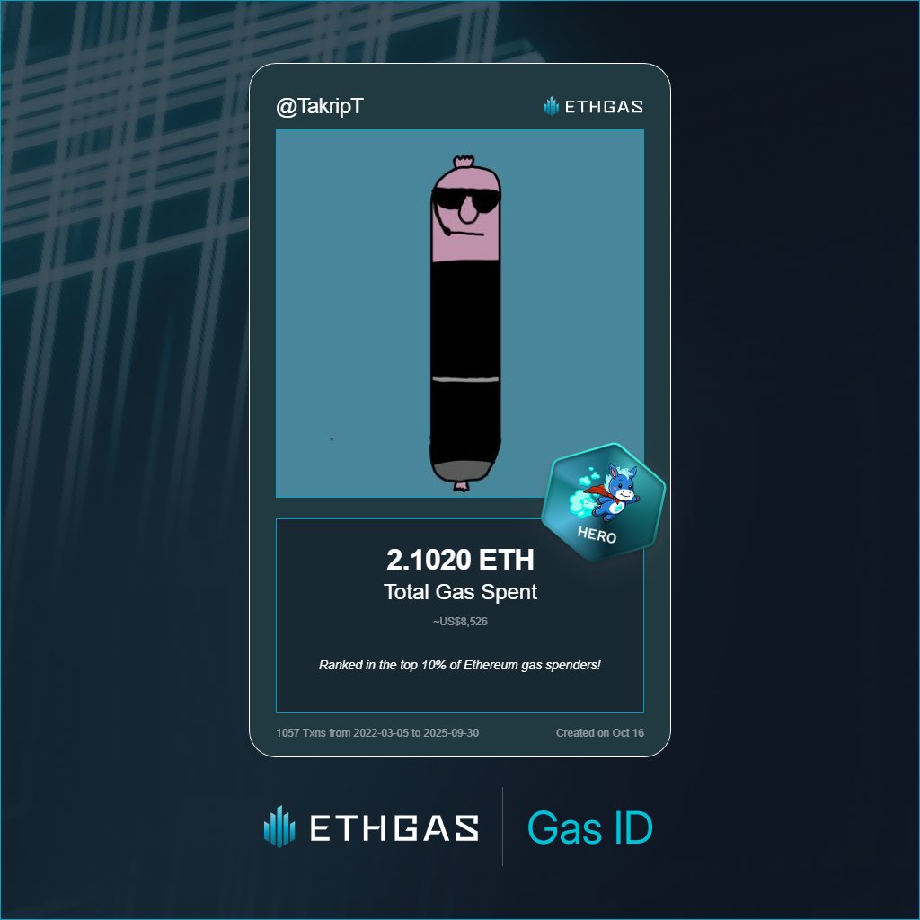 Just unlocked my Gas ID via ETHGas 🪪

I'm a Hero Jack with 2.102 ETH spent on gas since Beacon Chain - now fueling my climb to the Gasless Future and earned 1000 Beans already. 

Reveal yours at ethgas.com/community/gas-…