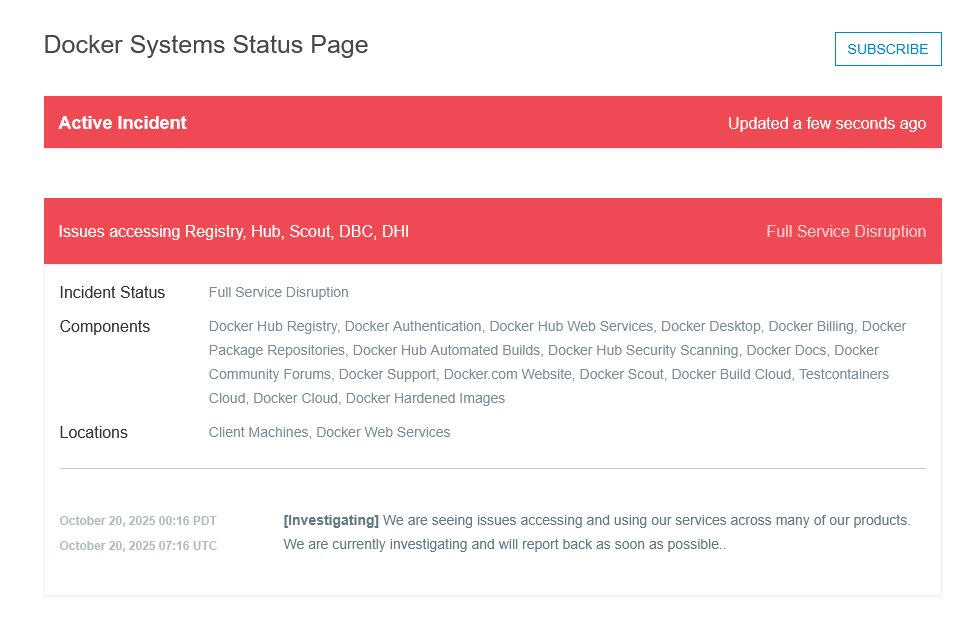 tedaryum's tweet image. Bir kaşar yüzünden koca sistem down oldu. 
#dockerhub #dockerstatus dockerstatus.com