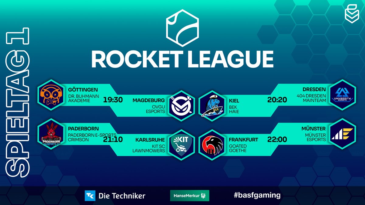 🚀 ROCKET LEAGUE GAME DAY🚀

⚔️ <a href="/HNVR_EsportsRL/">HNVR Esports</a> vs. <a href="/ovguesports/">OVGU Esports</a> 
⚔️ <a href="/ESportKiel/">Baltic eSports Kiel e.V.</a> vs. <a href="/404_uni_esports/">404 University eSports Dresden</a> 
⚔️ <a href="/eSportPaderborn/">Paderborn E-Sports e.V.</a> vs. <a href="/kitscesports/">KIT SC eSports</a> 
⚔️ <a href="/1ECFrankfurt/">1. Esport Club Frankfurt e.V.</a> vs. <a href="/muensteresports/">Münster Esports e.V.</a> 

🎬AnotherNoOne
🎙️ <a href="/InviSan_Pubg/">InviSan Casts</a>, <a href="/MachtFisch/">Georg 'MachtFISCH' L.</a> &amp; Waldi