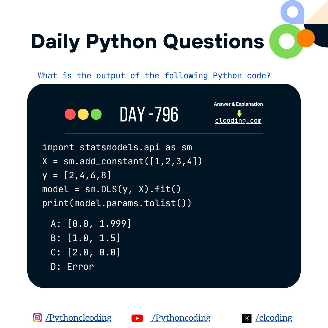 clcoding's tweet image. Python Coding challenge - Day 796|
What is the output of the following Python Code?
Answer with Explanation: clcoding.com/2025/10/python…