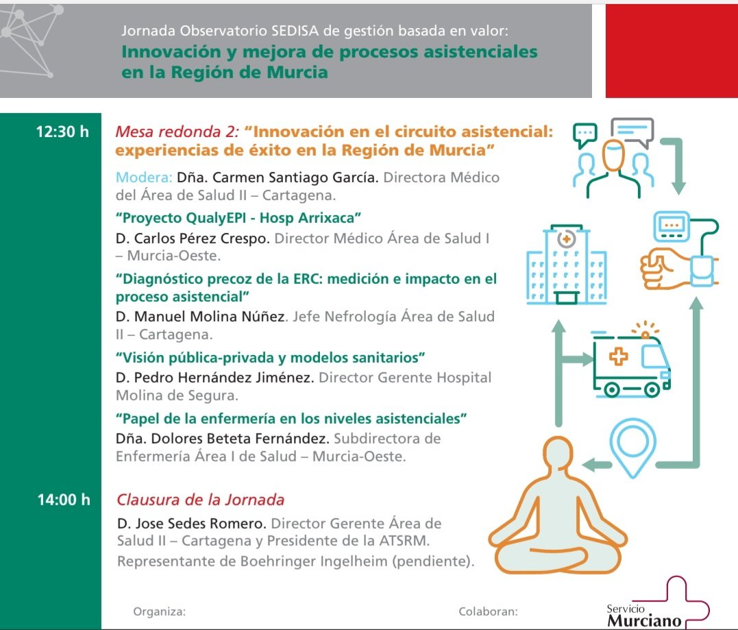 El Hospital Santa Lucía acoge el próximo 13 de noviembre la Jornada Observatorio <a href="/SEDISA_NET/">SEDISA</a> de gestión basada en valor "Innovación y mejora de procesos asistenciales en la Región de Murcia" con <a href="/Murciasalud/">Murciasalud</a>  y <a href="/Boehringer/">Boehringer Ingelheim</a>.
<a href="/AytoCartagenaES/">Ayuntamiento de Cartagena</a> <a href="/AytoMazarron/">Ayto. Mazarrón</a> <a href="/fuentealamo/">Ayto. Fuente Álamo de Murcia</a> <a href="/sedes_jose/">José Sedes Romero</a>