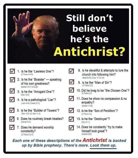 #AntiChrist45 reminder for 10/20/25: Now that it's been revealed that #TrumpIsTheAntiChrist per AntiChrist45.com (cf #MaGa --> #M666) , let's always greet (Matt 5:47) others w/ #ApostlePaulsSecret (Phil 4:12) #RaptureRiddle (Luke 17:37) answer in order to be #RaptureReady.
