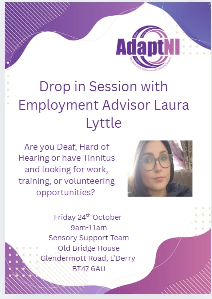 Drop in session this Friday 9 to 11am

Where - sensory support offices, Old bridge house Derry BT47 6AU

#NorthernIreland #NIreland #employment