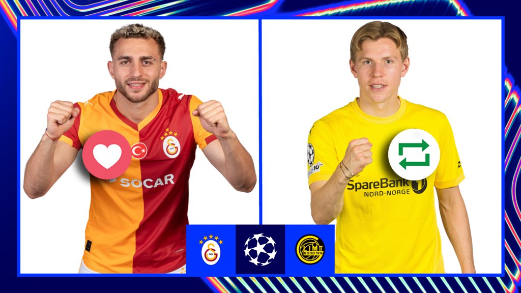 #UCL Countdown! ⏳⚽️🙌

❤️ = Barış Alper Yılmaz 🇹🇷
🔁 = Jens Petter Hauge 🇳🇴

#GSvBG | <a href="/GalatasaraySK/">Galatasaray SK</a> | <a href="/Glimt/">FK Bodø/Glimt</a>